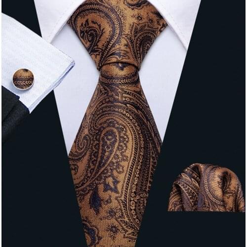 Barry.Wang Necktie for Men Gold Paisley Tie Pocket Square Cufflinks Set Designer for Wedding Party Yellow Fashion Neck Tie 5162