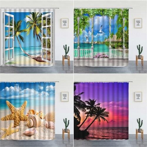 Ocean Scenery Shower Curtains Set Sea Sunlight Beach Palm Tree Dolphin Shell Printed Bathroom Decor Bathtub Screens With Hooks