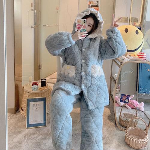 Pajama suit women winter thick sexy nightwear quilted sweet bathrobe cute thermal underwear home service two-piece hooded pijama