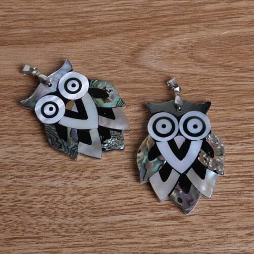 Free Shipping 39x53mm Natural Mother of Pearl Black Shell Owl Pendant for Necklace Pendant Jewelry Fingings Making