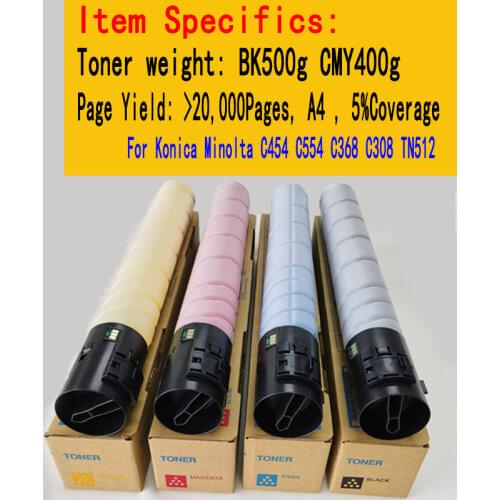 4PCS/Set Quality goods TN Toner Cartridge For Konica Minolta C454 554 368 308 454 TN512 C554 C368 C308 Compatible Toner Powder