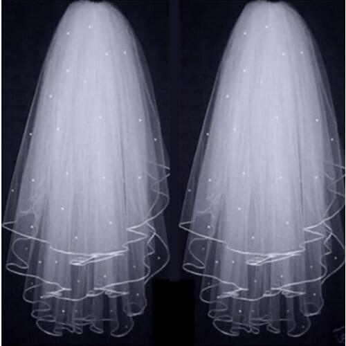 In Stock Cheap Velos de Noiva Three Layers Ribbon Edge Wedding Veil With Pearls White Ivory Short 3 Layers Bridal Veil