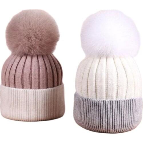 Doitbest Korea Real Fox fur winter hat for women girls pompom hats knitted Beanie womens racoon fur pom pom cap lady Beanies