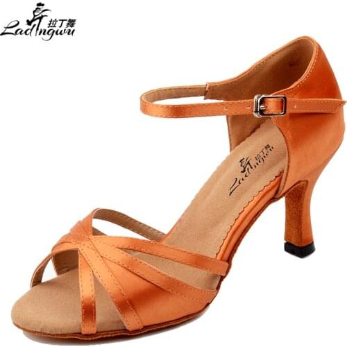 Ladingwu Red-brown Satin Czech Womens High Heel Shoes latin Salsa Tango Shoes For Ballroom Dancing Heel 6/7.5/8.5/10cm