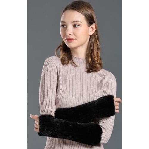 Womens Real Mink Fur Fingerless Glove Mittens 100% Genuine Fur Black Handmade Knitting Mitten Elastic Warm Lady Winter Gloves