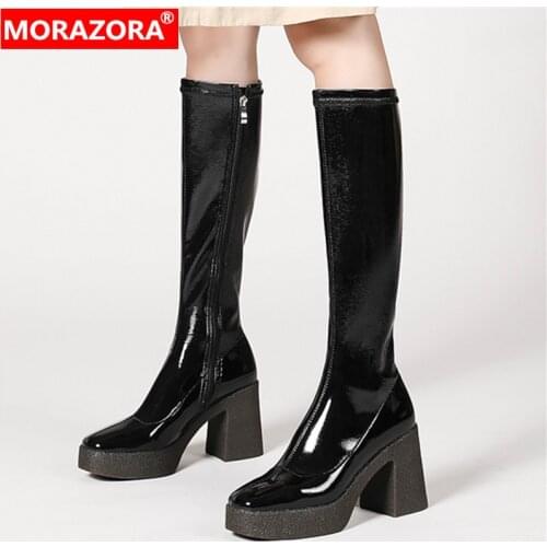 MORAZORA 2021 Winter fashion boots shoes high heels square toe platform ladies shoes solid color knee high boots black apricot
