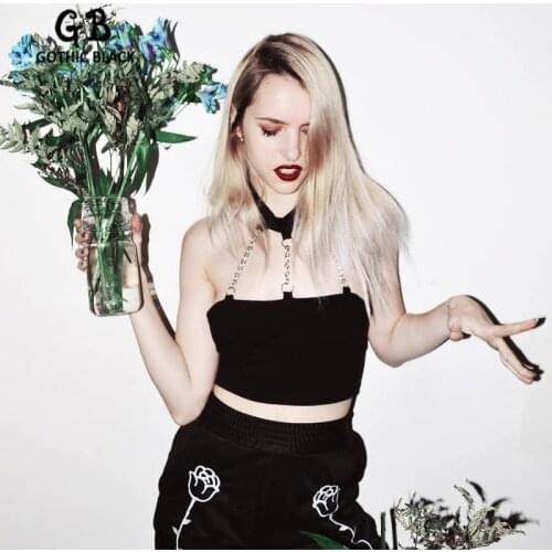 Gothic Black Sexy Women Halter Chain Skinny Low Cut Backless Crop Tops 2020 Summer Goth Female Streetwear Dark Slim Tube Tops