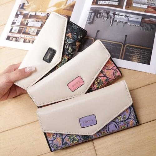 Explosive Korean Version of Foreign Trade Small Floral Rhombus Hit Color Envelope Buckle Lady Wallet Long Clutch Leather Bag
