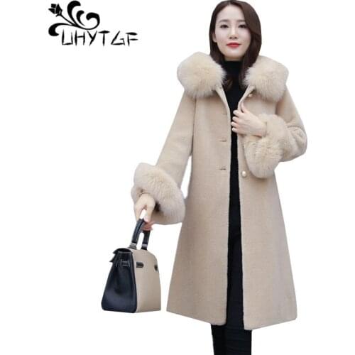 UHYTGF Quality sheep shearing Winter fur coat Women New fox fur collar long outerwear hooded warm casual fur coats Plus size 905