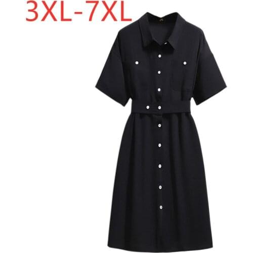 New 2021 Ladies Summer Plus Size Shirt Dress For Women Large Short Sleeve Loose Button Black Belt Mini Dress 3XL 4XL 5XL 6XL 7XL