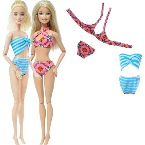 2 Set Fashion Doll Bikini Blue Striped Tops Underwear Swimsuit Beach Bath Wear Flower Clothes for Barbie Doll Accessoies Kid Toy