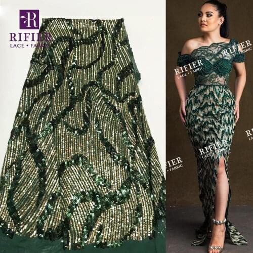 2019 Dark Green And Gold Sequins African Stretch Fabric With Sequins French Special Embroidered Evening Dresses Elastic Fabrics