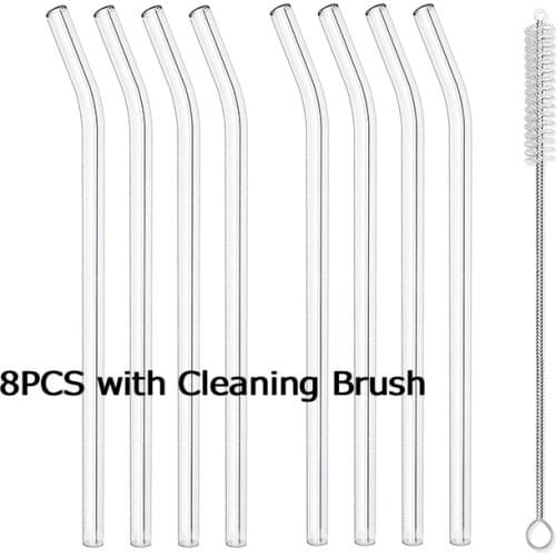 8PCS Handmade Glass Straws Clear Bent 20cm x 8 mm - With Cleaning Brush - Premium Glass -Reusable, Eco Friendly