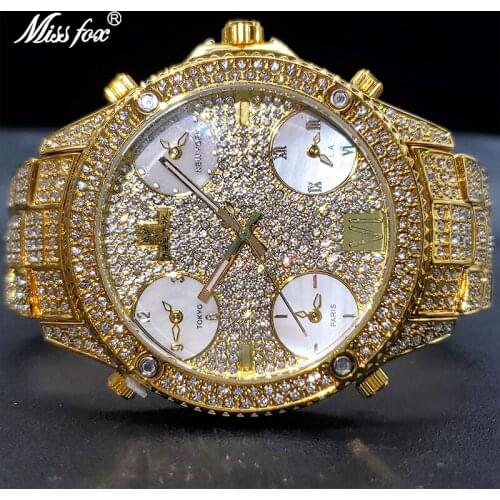 MISSFOX Big Watch Men Cuban Luxury 18k Gold Mens Watches With Wide Strap Multiple Time Zone Waterproof Relojes Marcas Famosas