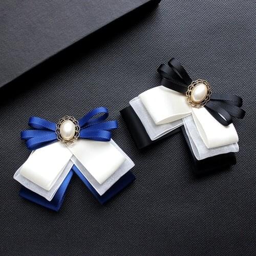 Korean Fashion Solid Multi-layer Bowknot Ladies Fabric Bow Tie High-end Pearl Rhinestone Pins Brooches for Women Accessories