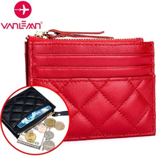 Genuine Leather Coin Purse Female Small Wallet Women Change Purse Thin Card Holder Wallet Men Zipper Plaid Purses For Women New