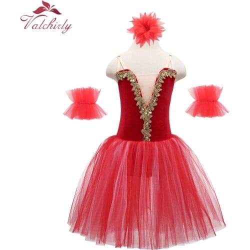 Red Girls Ballet Dance Dress Velvet Camisole with Golden Flower Trim Kids Professional Ballet Tutu for Ballerina Costumes
