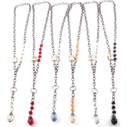 MOODPC Fashion Bohemian Jewelry Glass Crystal Rosary Chain and Black Gun Chain Paved Crystal Drop Pendant Necklaces