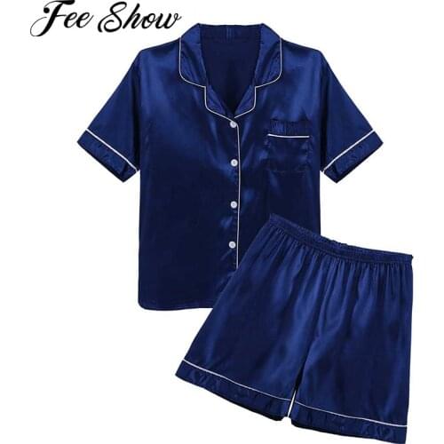 Men Silky Satin Short Sleeves Pajamas Set Notch Collar Button Down Shirt Top with Boxer Shorts Solid Luxury Sleepwear Loungewear