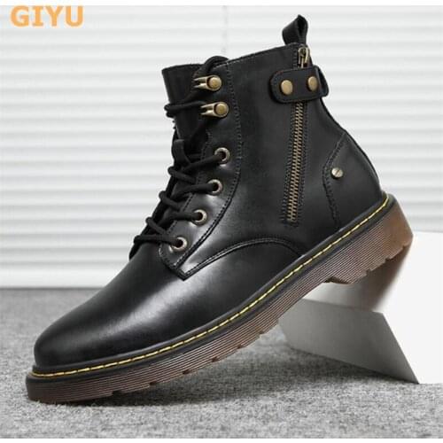 Mens Martin Shoes 2020 New Genuine Leather Winter Casual Mens Black Non-slip Work Boots Male Plus Velvet High-top Shoes Tide
