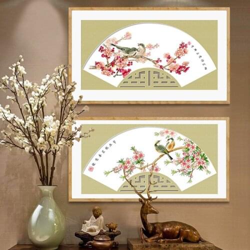 Cross stitch kit 11ct printed canvas Chinese fan-shaped decorative painting of small birds on spring flowering branches