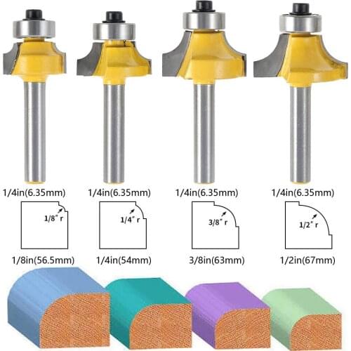 4Pcs 1/4" Shank Round Over Router Bit Set Rounding Corner Milling Cutter Woodworking Carbide Rounding Edge-forming Bits For Wood