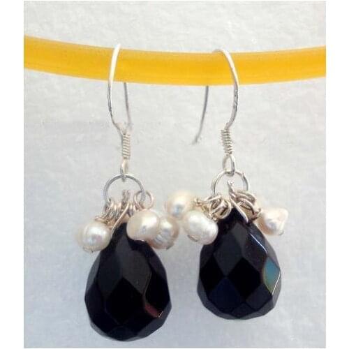 New Arrival Favorite Pearl Earrings Teardrop Black Onyx Faceted Earrings Dangle White Cultured Pearl Women Jewelry Lady Gift