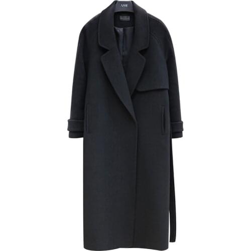Autumn winter womens cashmere wool coats oclothes ver the knee black medium long suit collar loose woolen coat womens overcoat