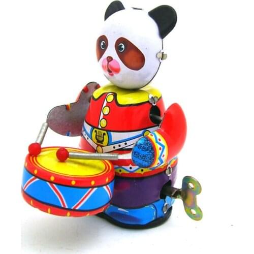Panda Playing Drums Tin Toy 10cm Childhood Clockwork Winder Vintage Handmade Collection Home Action Figure Metal Wind Up Toys