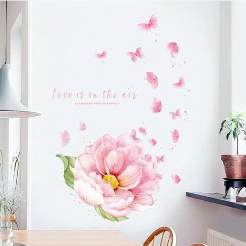 Romantic Pink Flowers Wall Sticker Home Decor Butterfly Decoration PVC Decals