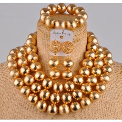 Luxurious Nigerian Wedding Beads Costume Necklace 3 Layers KC Gold African Jewelry Set for Women LSZ2