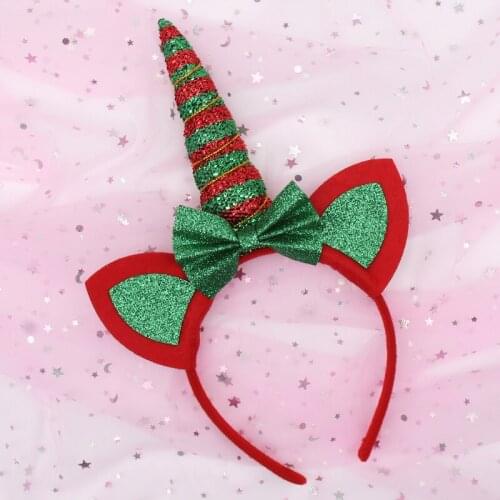 Christmas Hairband for Girls Glitter Red Green Striped Horn Unicorn Hair Hoop with Ears Headband Festival Hair Accessories
