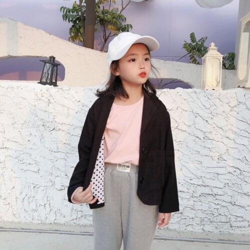 Spring Girls Simple Pure Black Small Suit Jacket 2021 New Childrens Fashion Supple V-Neck Single-Breasted Long-Sleeved Shirt