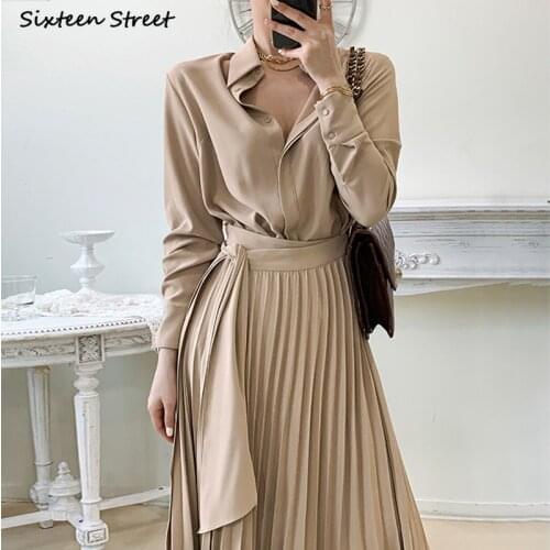 Khaki Vintage Long Dress Woman Streetwear High Waist Gloss Shirt Dress Office Lady Spring Autumn Elegant Business Dresses Female