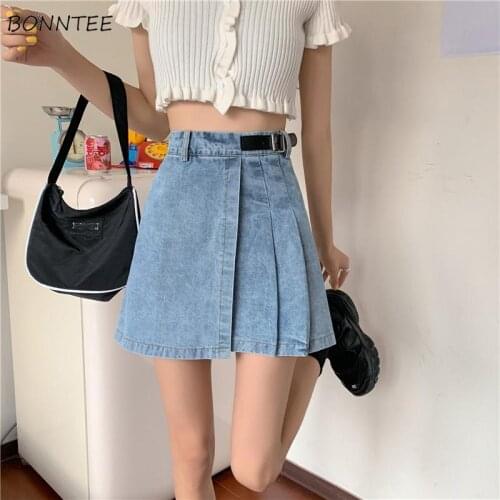 Skirts Women Summer Blue Solid Denim High Waist A-line Mini Skirt Elegant Sexy Sashes Womens Fashion Ulzzang Chic Kawaii Casual