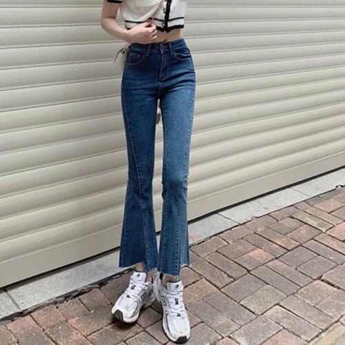 2021 new Korean version of micro-flared jeans female dark blue student high-waisted thin loose wide-leg cropped trousers