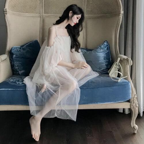 2020 Women Half Puff Sleeve Slash Neck Mesh Gauze Ruffles Ball Gown Dress Vintage Pearl Bead Strap Camisole Pullover Tulle Dress