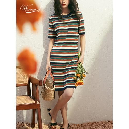 Summer Women Wool Striped Dresses Casual Female O-Neck Knitting Dress Short Sleeve Hollow Out Straight Dress C-267