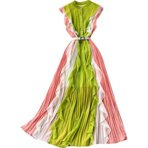 2021 New Summer Women Vacation Dress Fashion Color Patchwork Ruffles Pleated Hem Slim Chiffon Long Dress Send The Belt