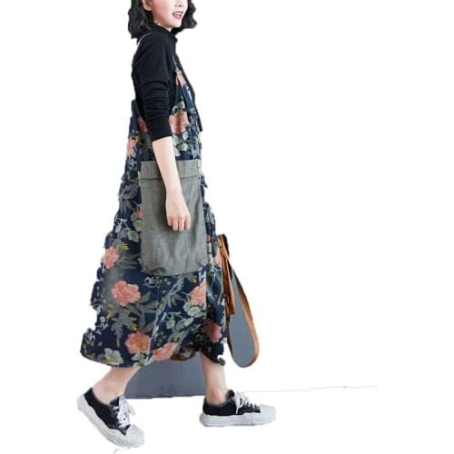 Harajuku Mori Girl Vintage Retro Print Floral Denim Loose Baggy Pocket Dress Women Autumn Winter Pluse Size Cotton Tank Dress