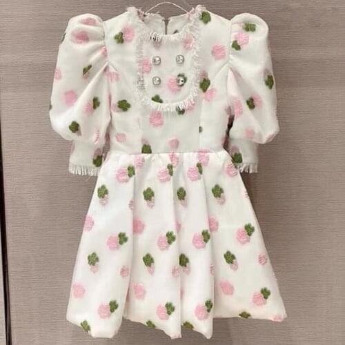 French style summer vintage Three-dimensional flower embroidered dress women puff sleeve ball gown dress