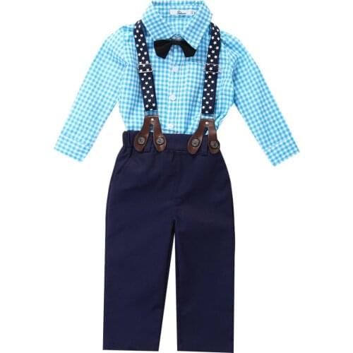 Pudcoco US Stock 2pcs Baby Boy Clothes Bow Tie Plaid Shirt+Suspender Pants Trousers Overalls Outfits Kids Clothing Set 0-24M