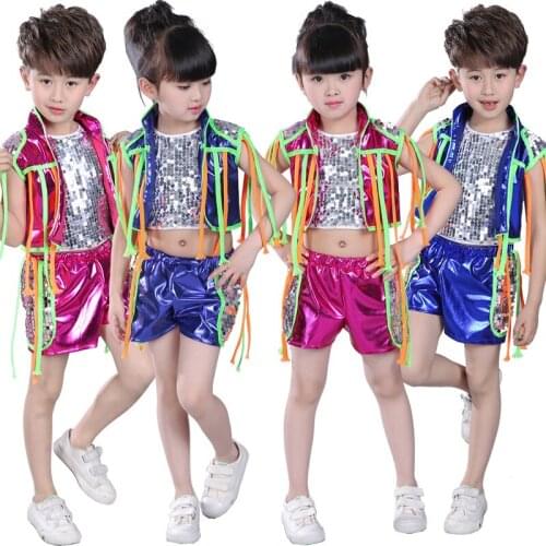 3pcs/set Children Jazz Modern Dance Costume Kids Hip Hop Clothing Streetwear Sequin Hiphop Jacket T-shirt Jazz Dresses For Girls