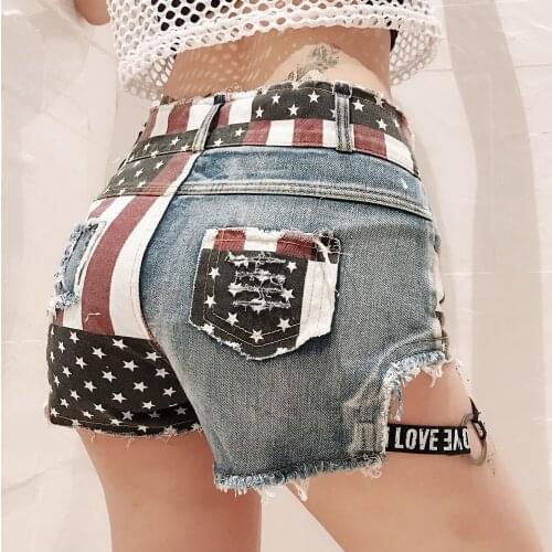 831# New Summer Jeans Shorts Hot Pants European and American Super Short Nightclub Womens Sexy Flag with High Waist Hole