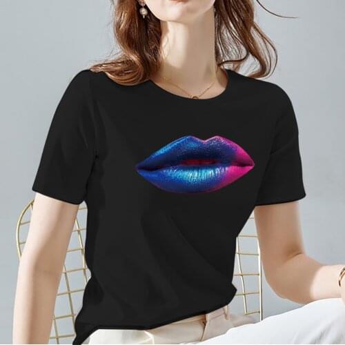 Black All-match Women Tshirts Fashion Sexy Lips Series Female Tops Tee Summer Casual O-neck Ladies Short Sleeve Womens Clothes