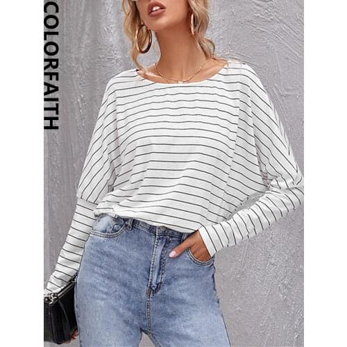 Colorfaith New 2021 Womens Spring Autumn T-shirt Bottoming Striped Korean Style Oversized Fashionable Lady Wild Tops T20150AB