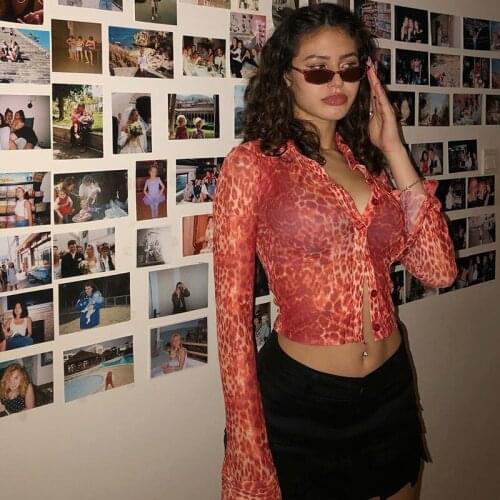 Dourbesty Autumn Sexy Leopard Print Women Shirts Femme Lapel Collar Button Down Crop Tops Slim Fit Long Sleeve Shirts y2k 90s