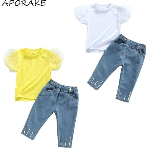 2021 1-6Y Princess Kids Baby Girl Clothing Set Dot Lace Puff Short Sleeve T-shirt Top+Pearls Denim Long Pants Pencil Trousers