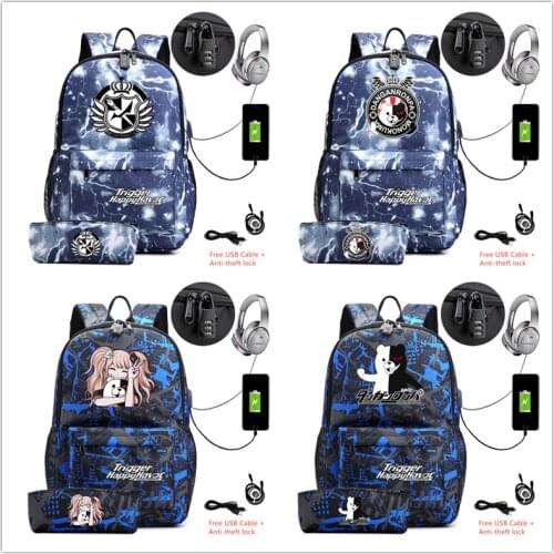 2 pcs Danganronpa Monokuma Canvas Travel bag School Bag with Pencil case usb charging shoulder bag Teenagers Laptop Mochila