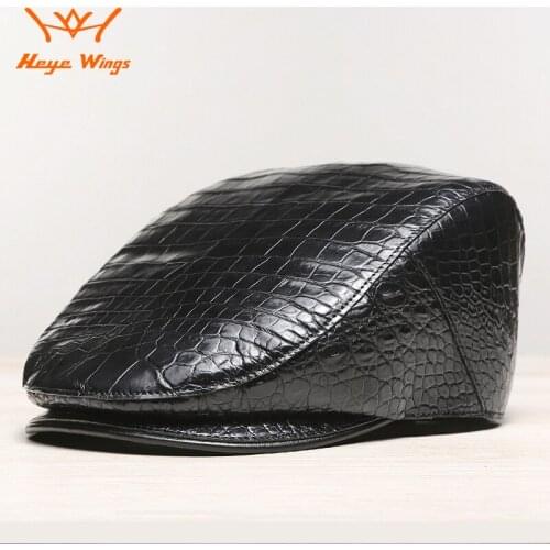 Heye Wings Brand Belly Alligator Skin Men Peaked Golf Cap Genuine Exotic Crocodile Skin Mens Black Flat Cabbie Newsboy Hat